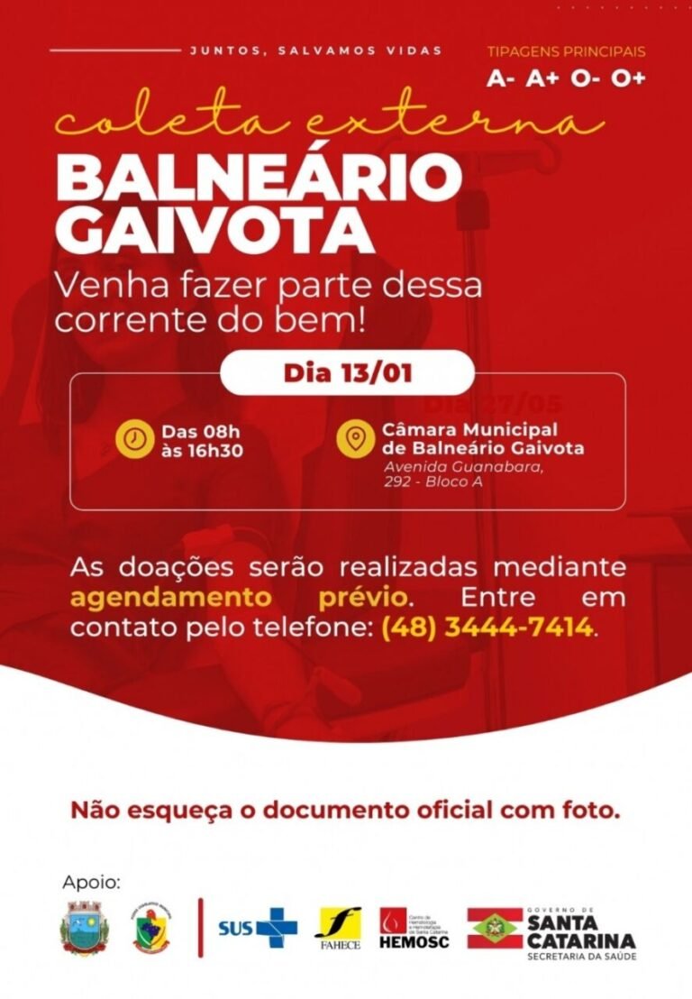 Balneário Gaivota recebe primeira coleta externa do HEMOSC em 2026