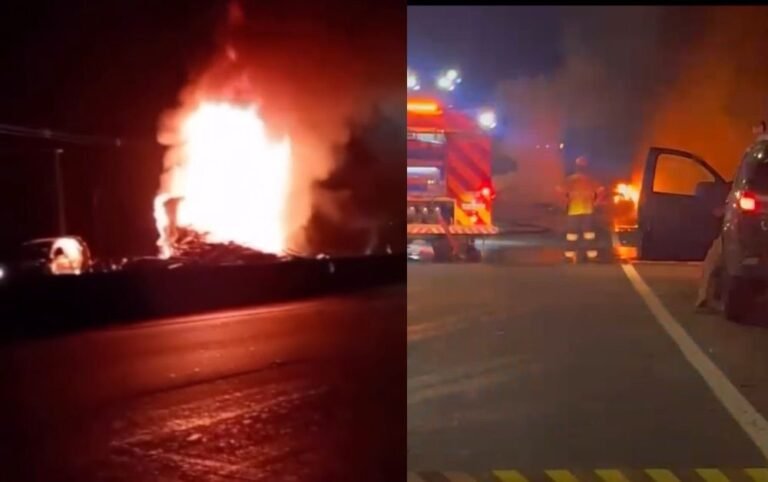 Caminhoneiro morre carbonizado após engavetamento com incêndio na BR-101, em Biguaçu