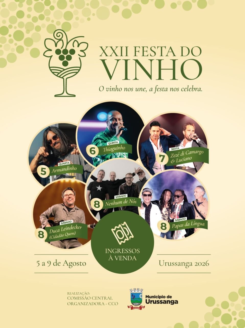 Urussanga inicia neste domingo a venda de passaportes promocionais da Festa do Vinho por R$ 200 para moradores. Evento ocorre de 5 a 9 de agosto.