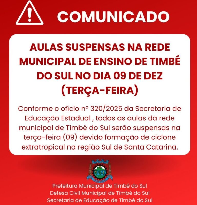 Timbé do Sul suspende aulas da rede municipal nesta terça-feira (9) devido a ciclone extratropical