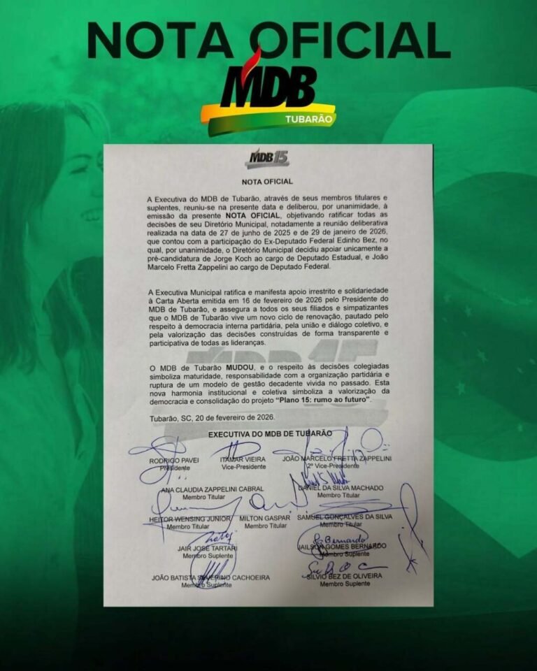 MDB de Tubarão publica nota e define apoios para 2026
