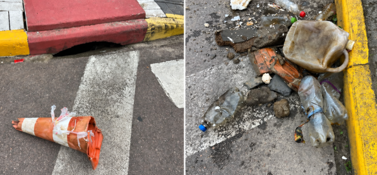 Cone de sinalização é encontrado dentro de boca de lobo